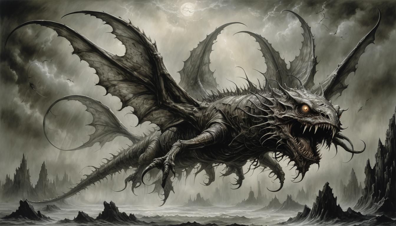 Nightmarish Flying Monkfish in Dark Fantasy Style