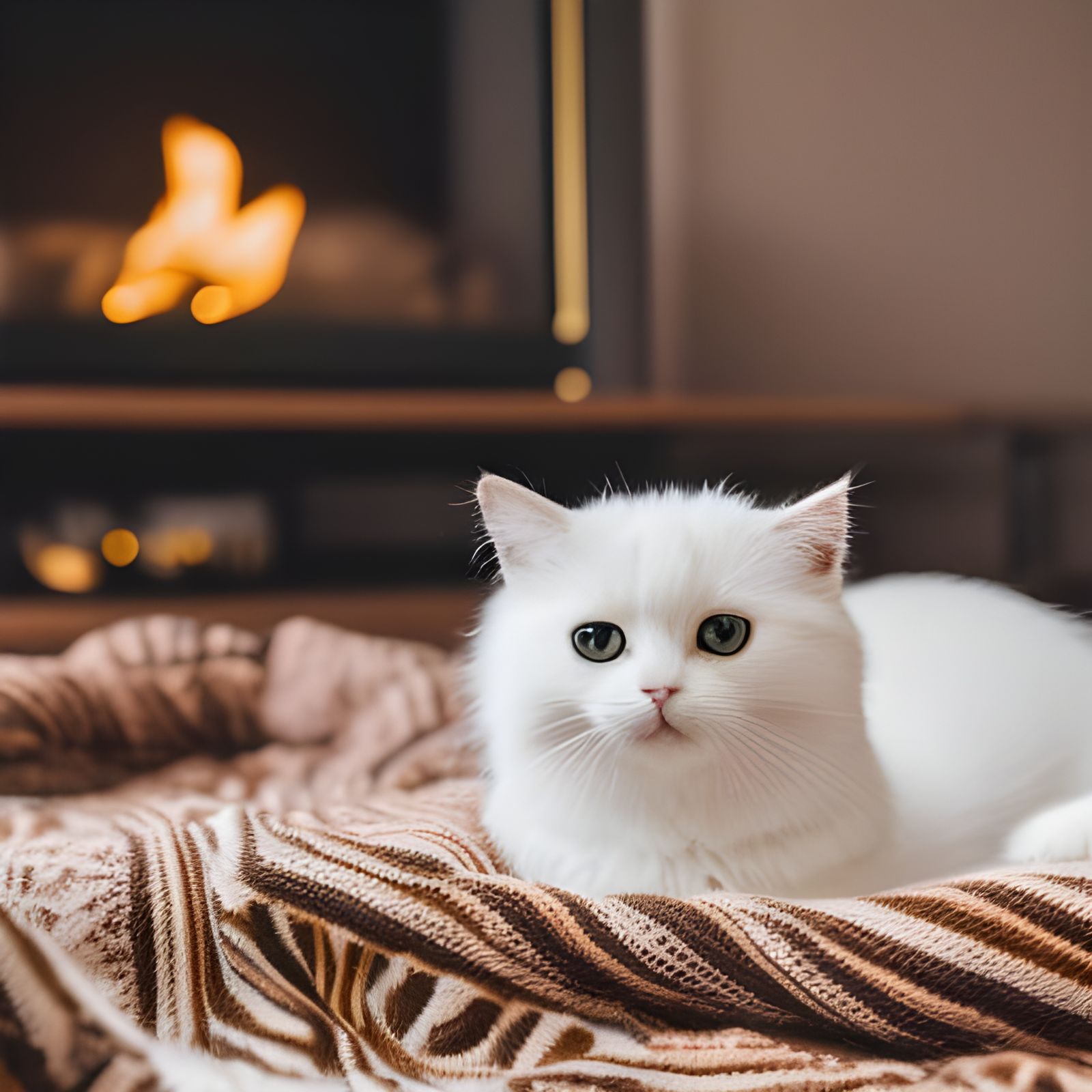 Cute Cat Comfortably Resting by Fireplace in Cozy Room
