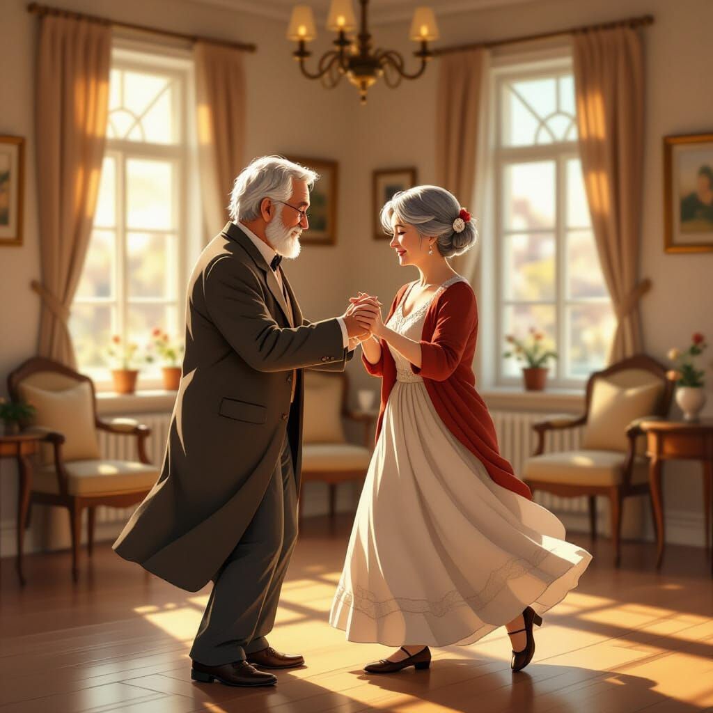 Elderly Couple's Emotional Waltz: Impressionistic Style