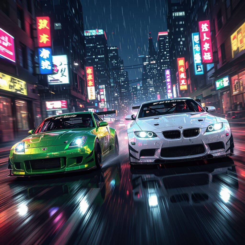 Street Race: Nissan 350Z vs BMW M3 GTR at Night