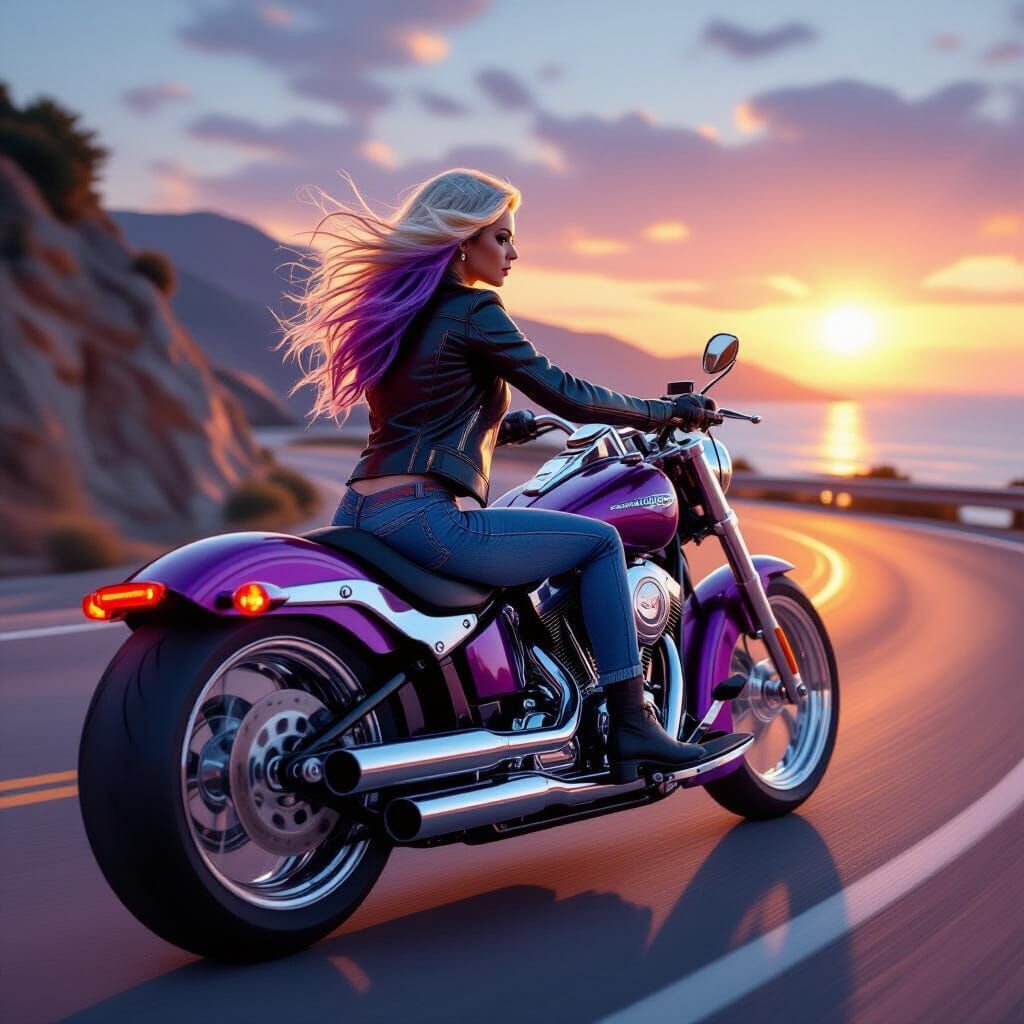 Cyberpunk Woman on Motorcycle at Sunset