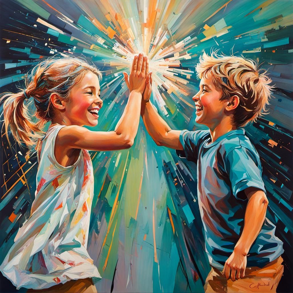 Children Joyfully High-Fiving, Impasto Style