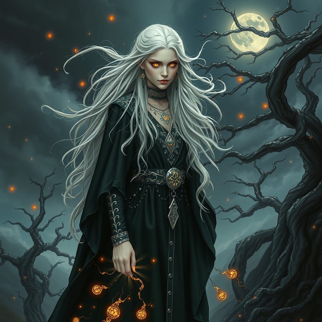 A white-haired young sorceress on the edge of a dark ascensi...