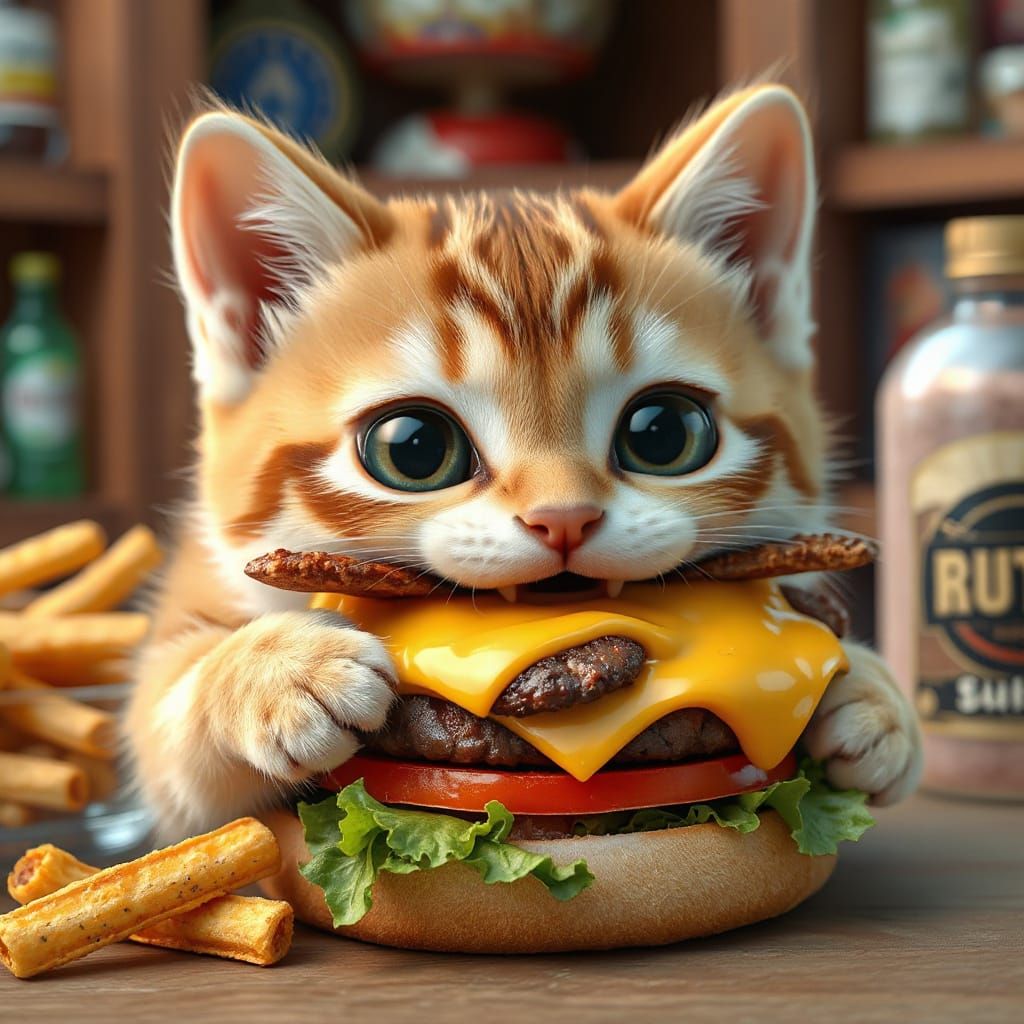 Adorable Kitten Eats Hamburger in Vibrant 3D Anime Style