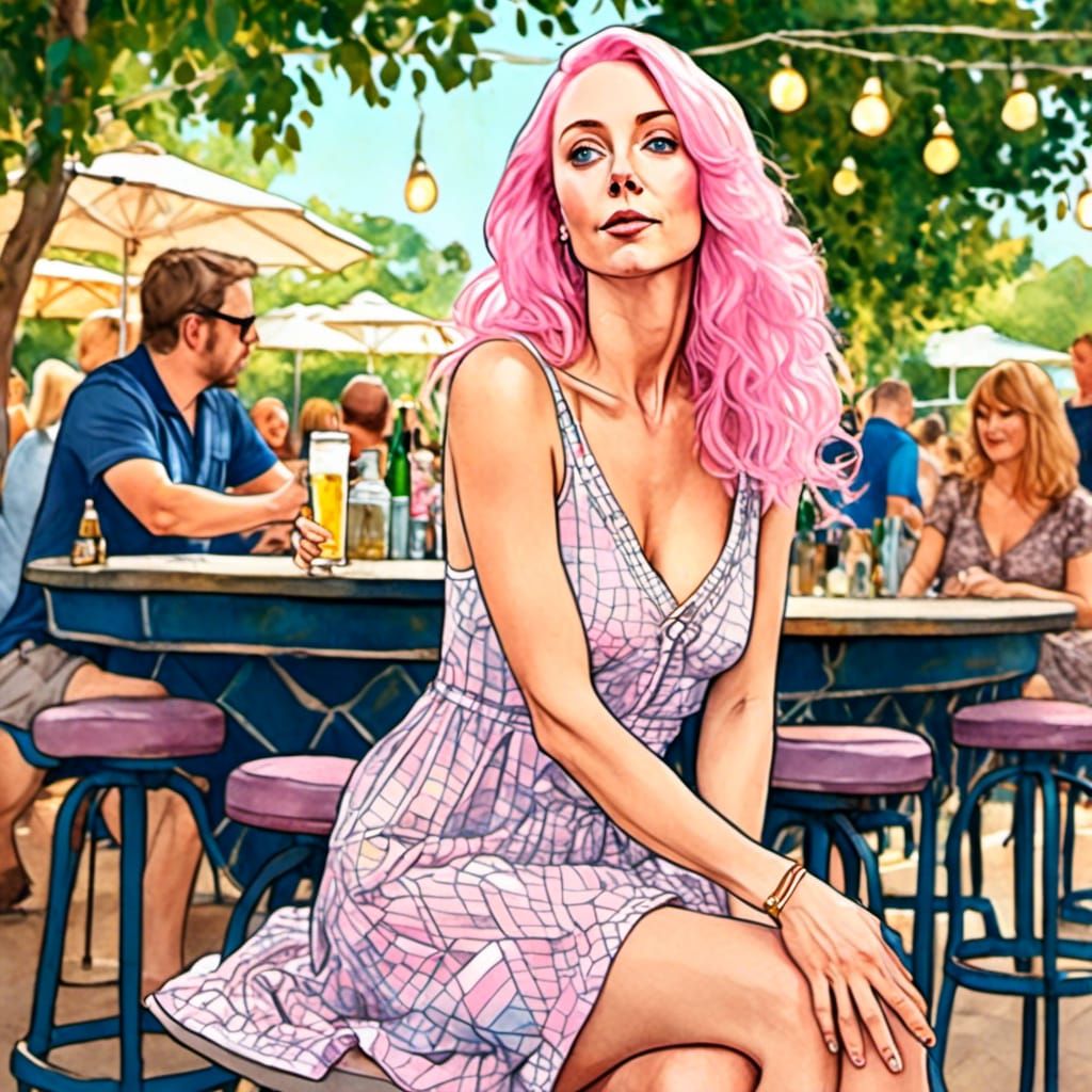 Pink-Haired Woman Blowing Kiss, Mosaic Digital Art