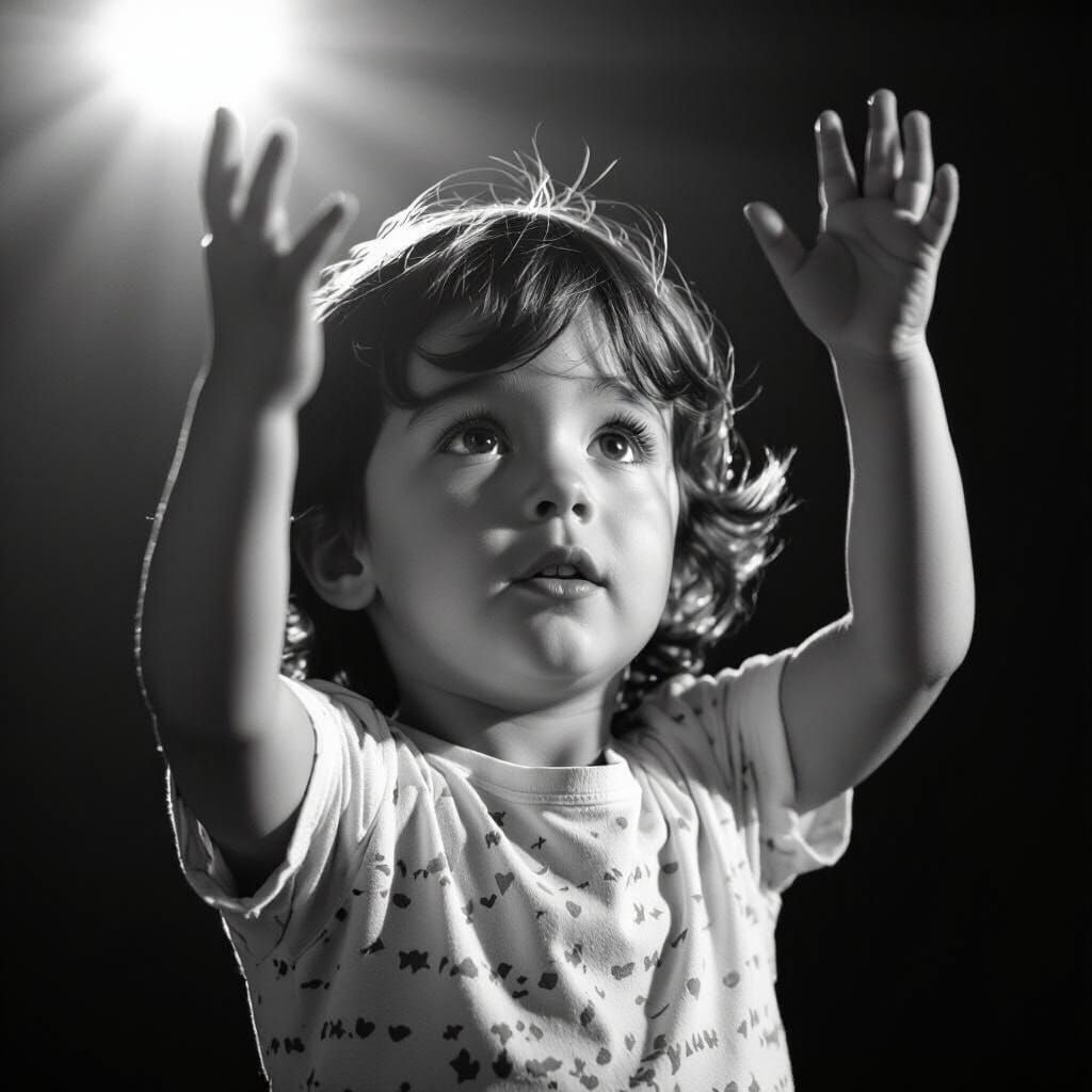Child's Intense Playful Gesture in Dramatic Black and White