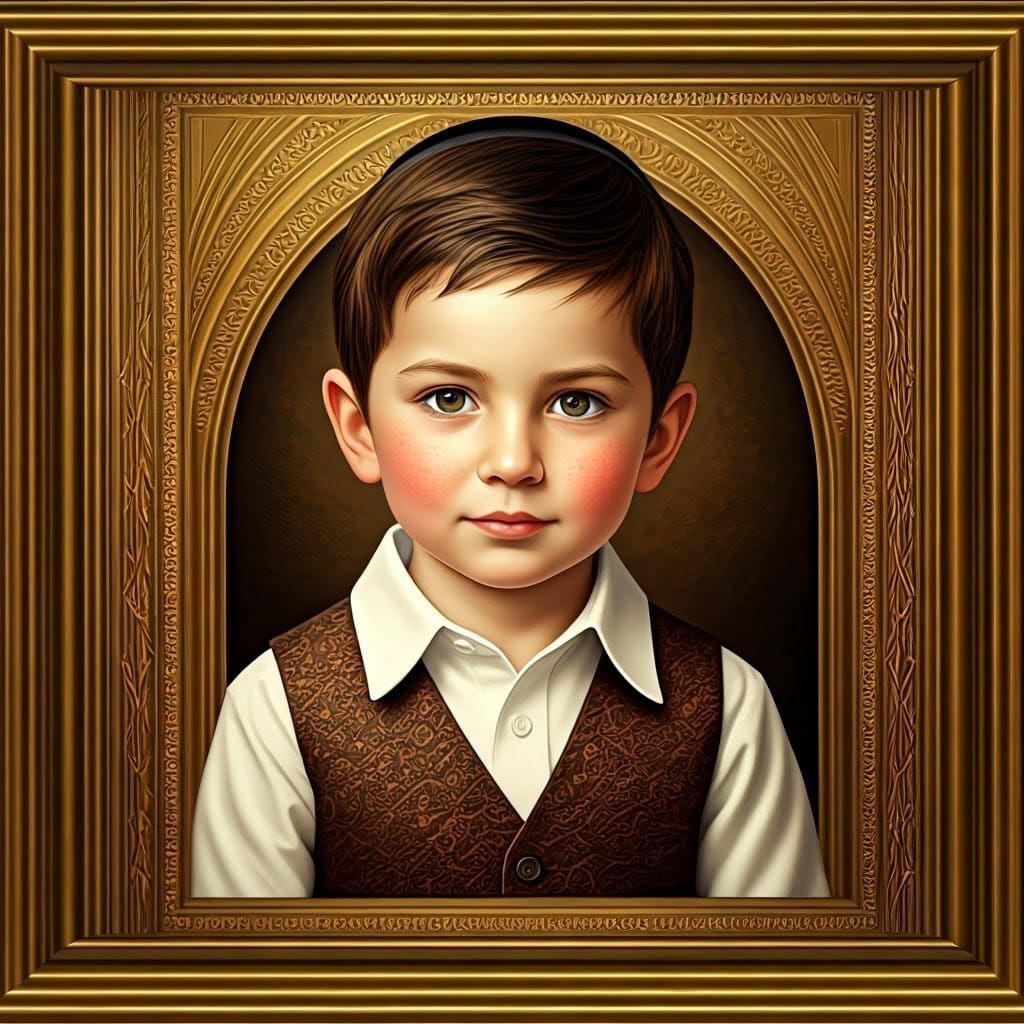 Refined Portrait of a Haredi Hasidic Boy in Golden Frame