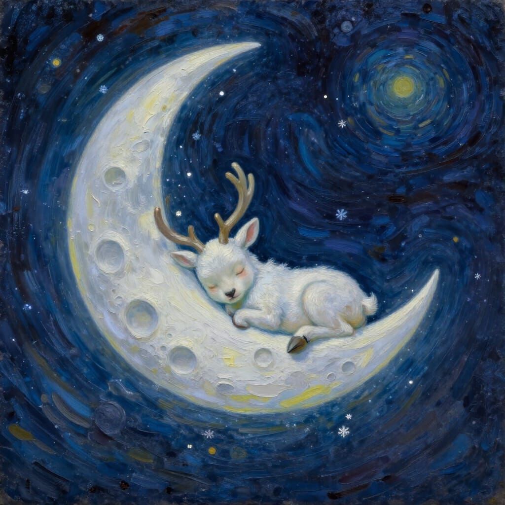 Dreamy Fantasy Oil Painting of Reindeer Baby on Moon