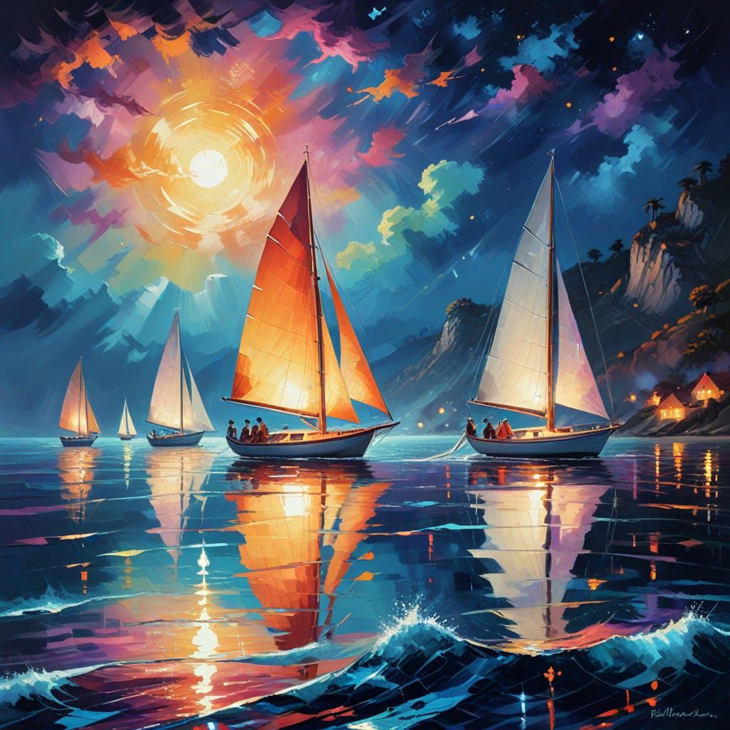 Ethereal Sailboats on Shimmering Sea: Fauvist Painting