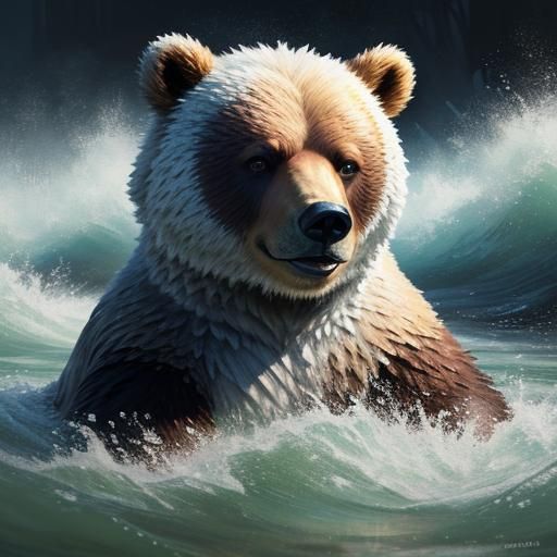 Hyperrealistic Bear Fishing in River, Detailed Fur