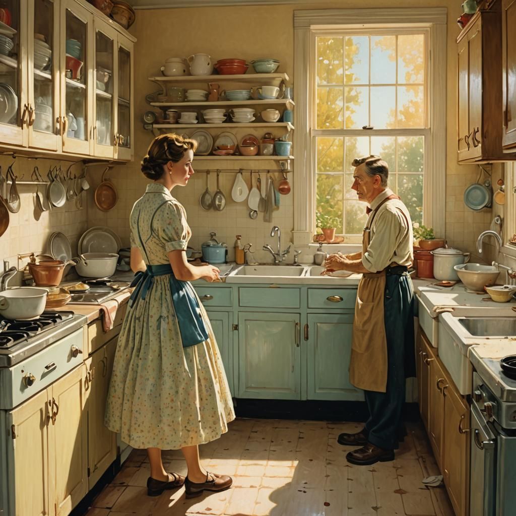 Domestic Satire Illustration in Norman Rockwell Style