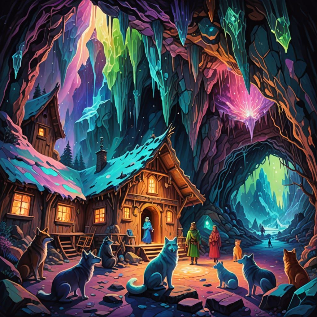 Mystical Crystal Cave Gathering Under Northern Lights