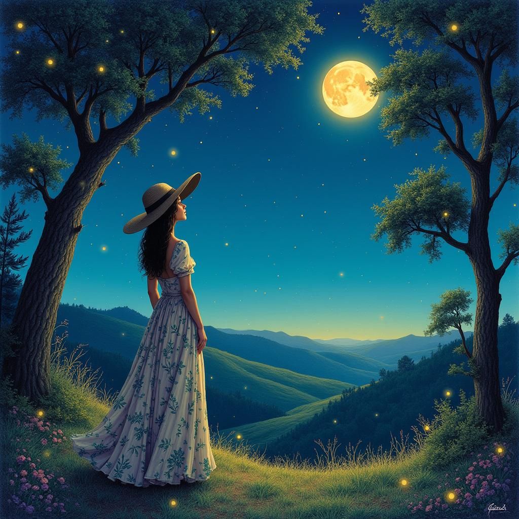 Woman Gazing at Moonlit Trees in Pointillist Style