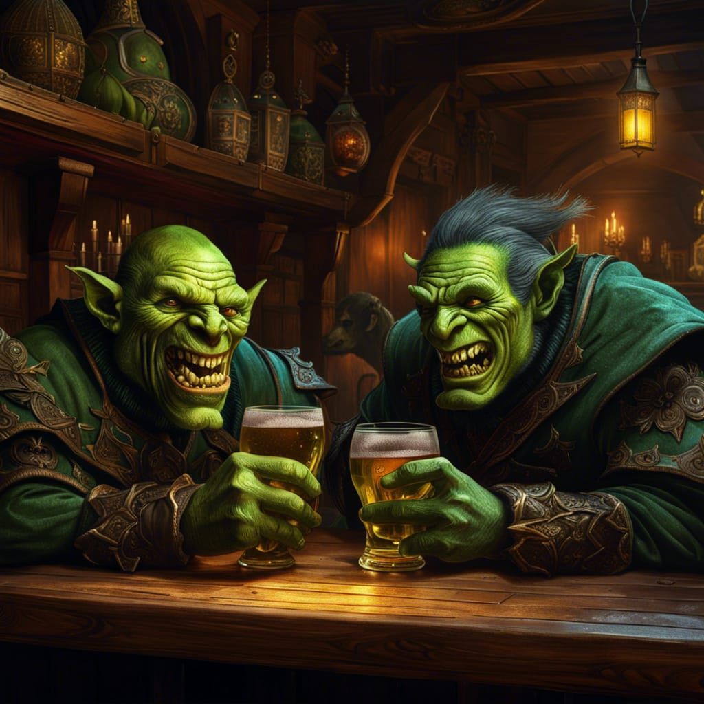 Orcs Enjoying Medieval Tavern Scene in Rococo Style
