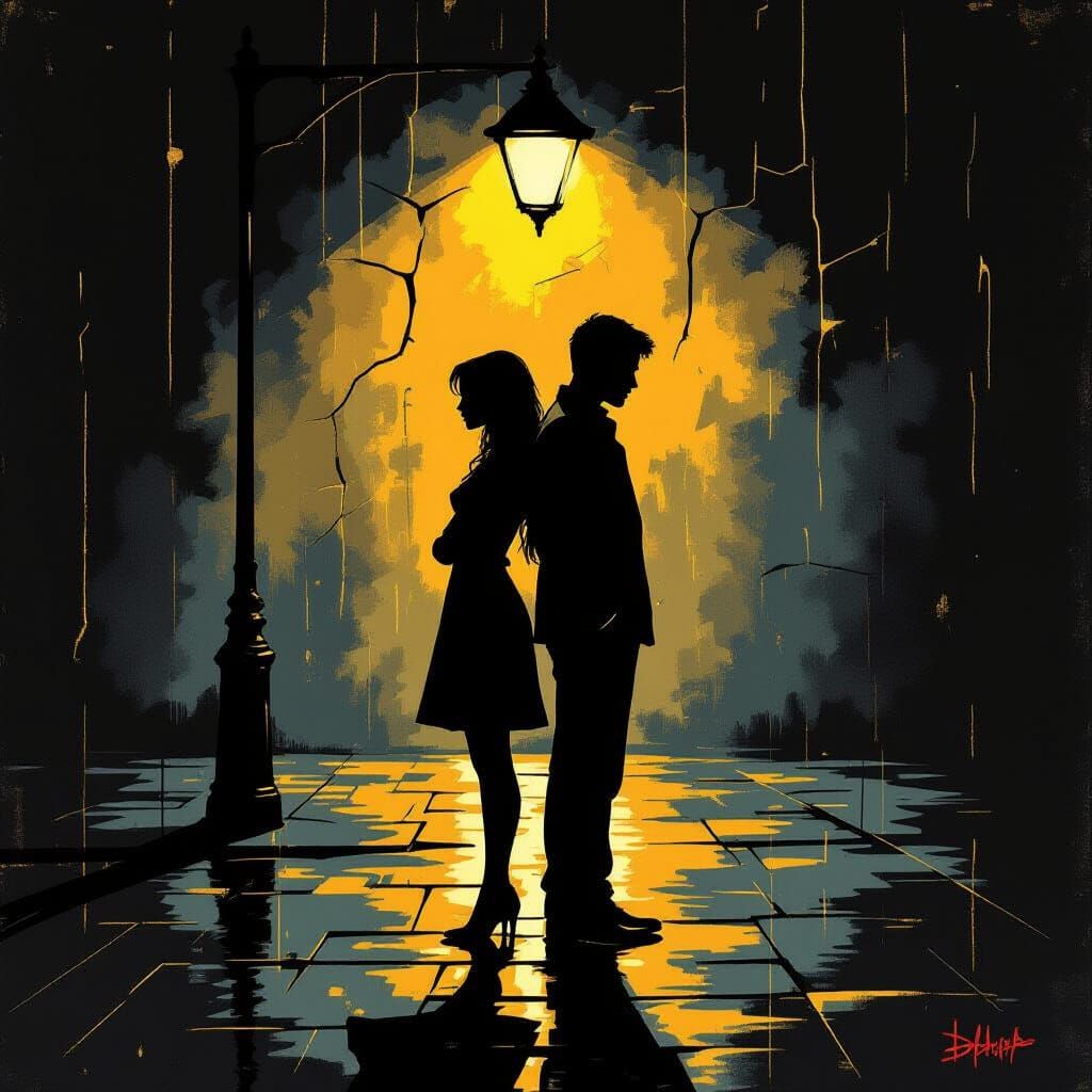 Couple's Cracked Silhouettes Glow Under Streetlight