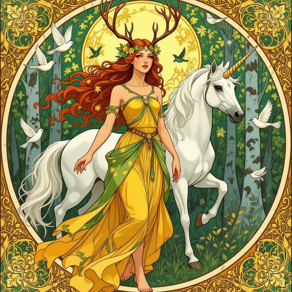 Mielikki, Forest Goddess with Unicorn, in Art Nouveau Style