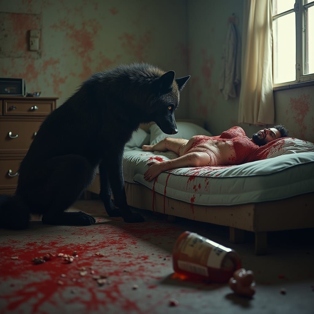 Humanoid Wolf in Dingy Apartment Scene