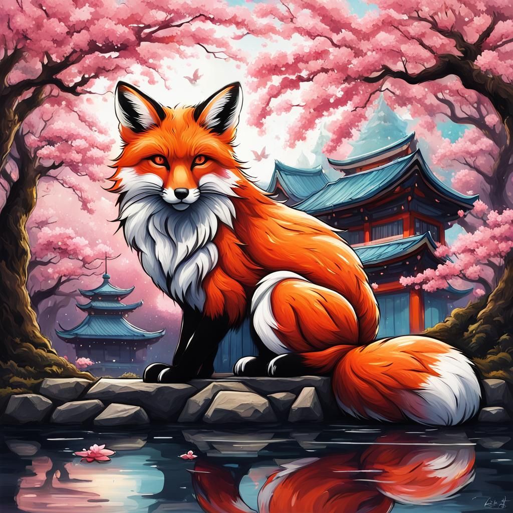 Fox Under Cherry Blossom Tree: Graffiti Art