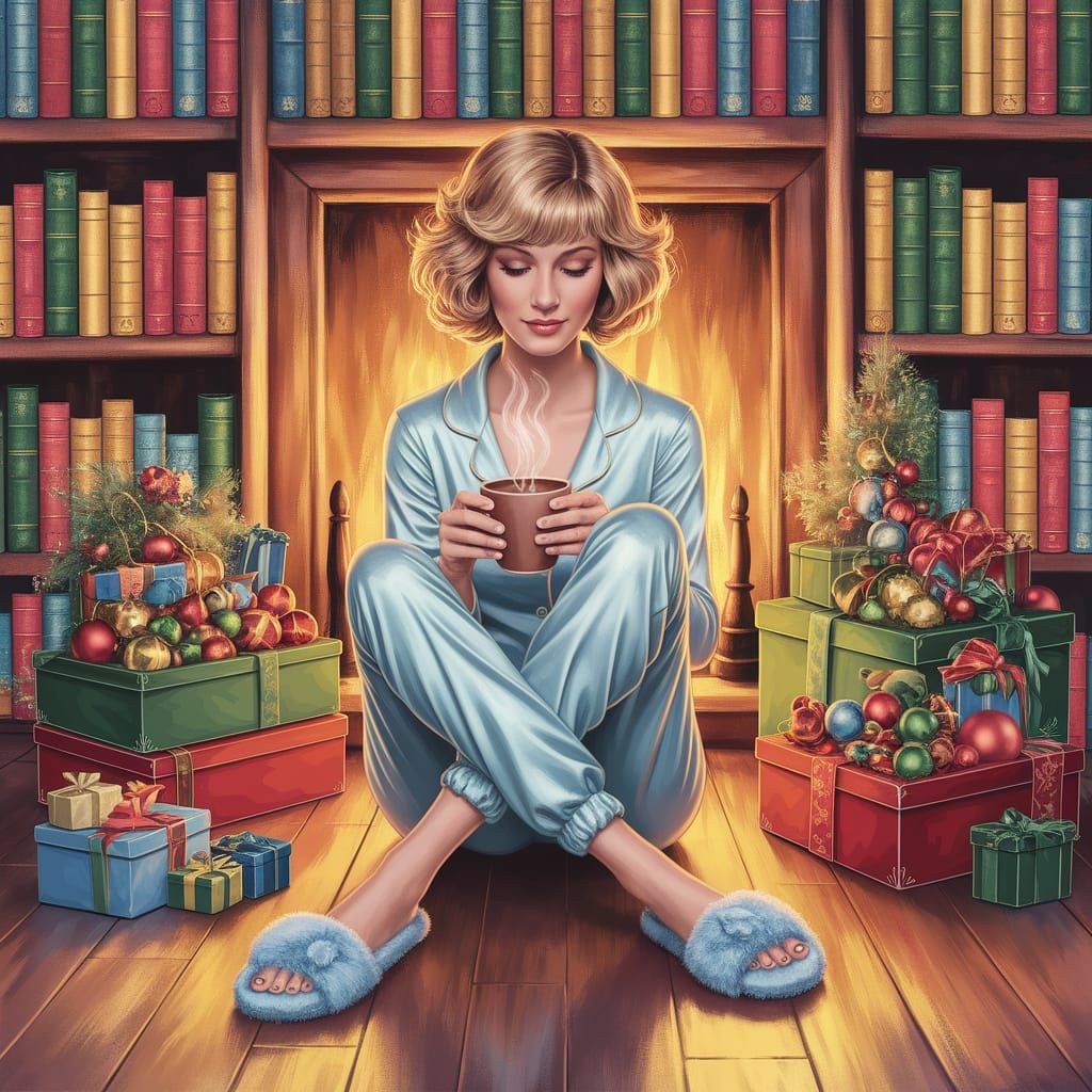 Woman in Blue Pajamas with Hot Chocolate, Christmas Decor