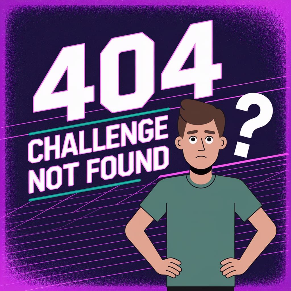 Flat-style digital illustration of a '404: Challenge Not Found' error. The background is textured purple with a grainy, ...