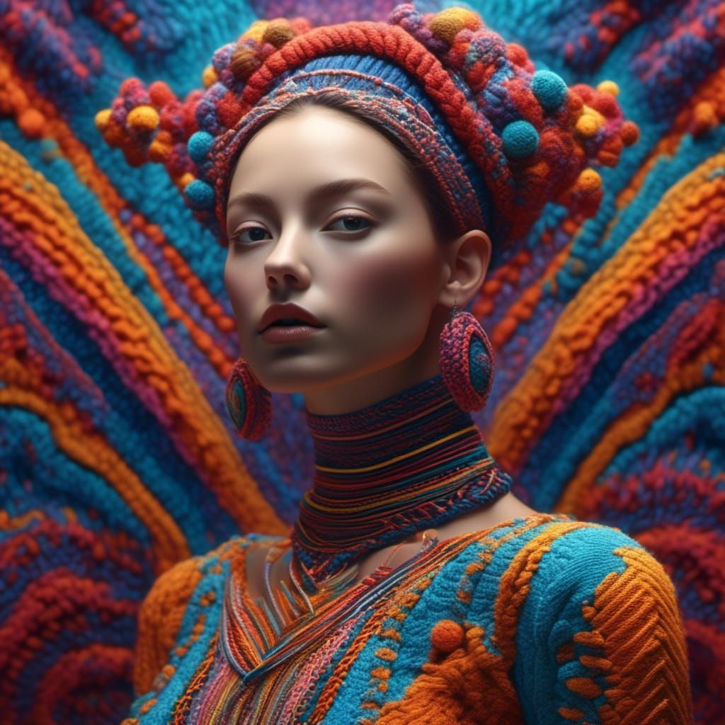 Girl in Psychedelic Dress: Hyperrealistic Digital Illustrati...
