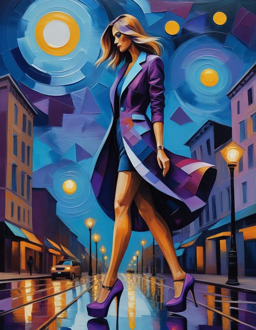 Cubist Oil Painting of a Tall Lady in Street Wear