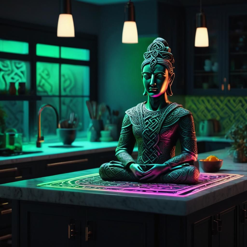 Celtic Statue in Modern Kitchen with Neon Glow
