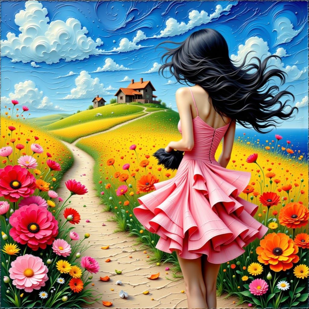 Impasto Painting of Woman Walking Uphill to Rustic Homes