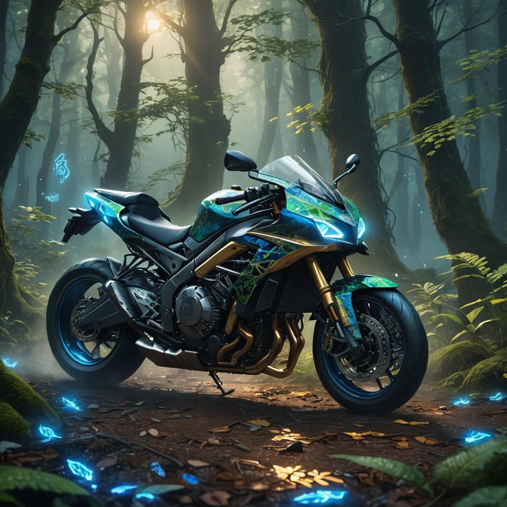 ZX6R Motorcycle in Mystical Forest Concept Art