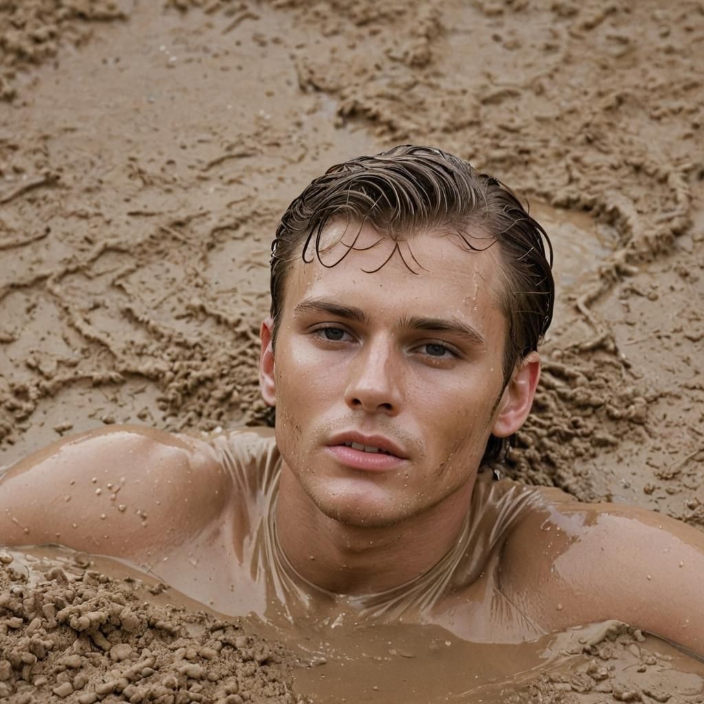 Latex Man Sinking: High-Fashion Quicksand Portrait