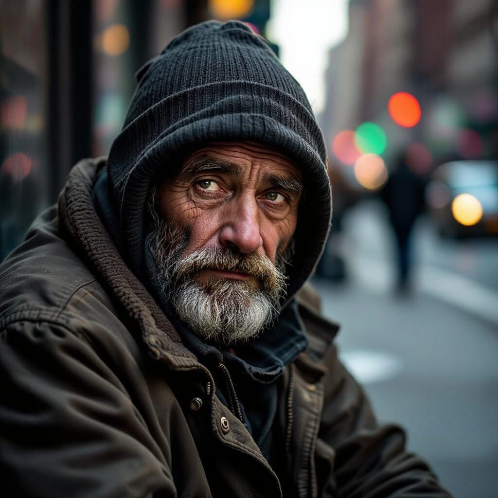 Emotive Portrait of Homeless Man in New York