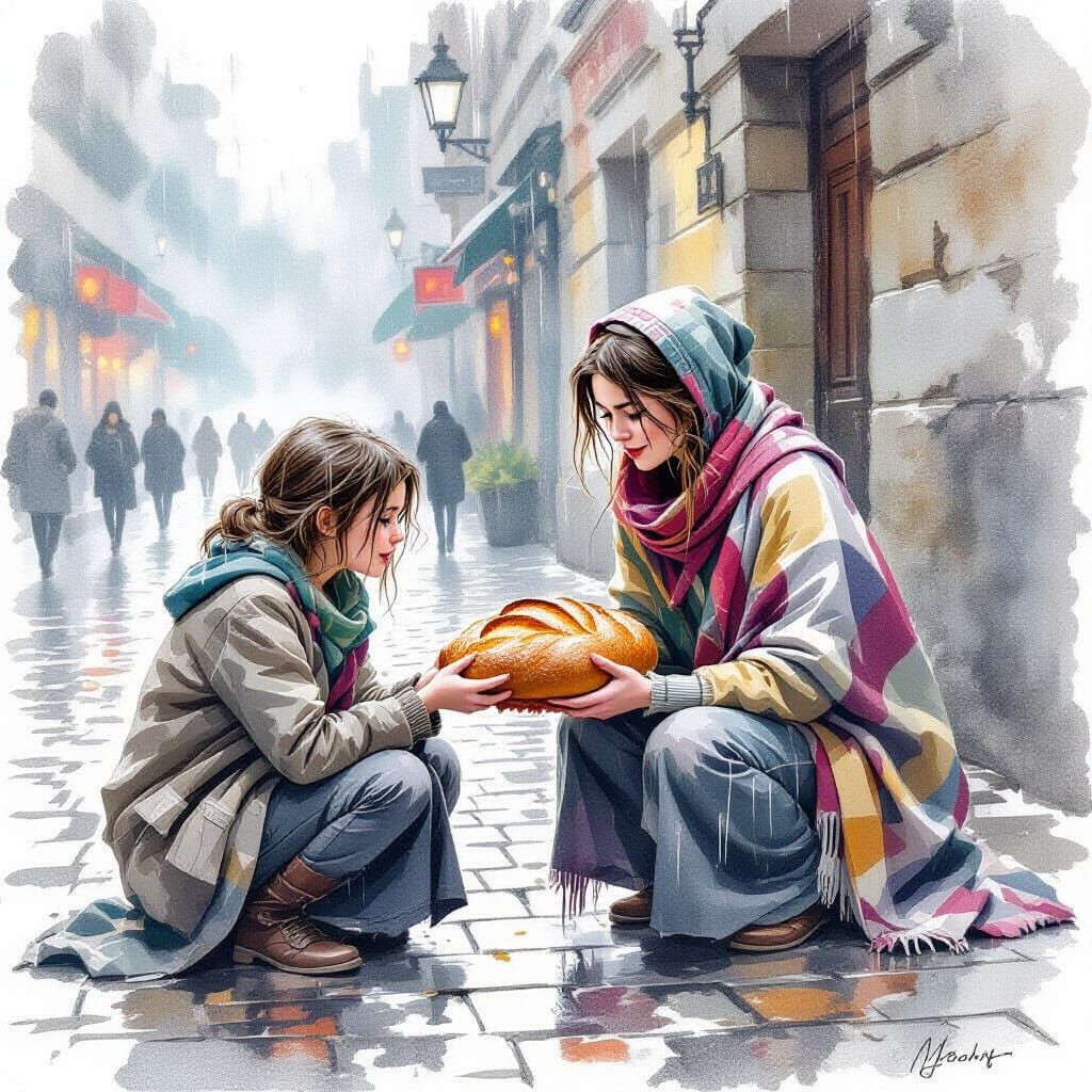 Kind Baker Offers Bread and Blanket in Watercolour Style