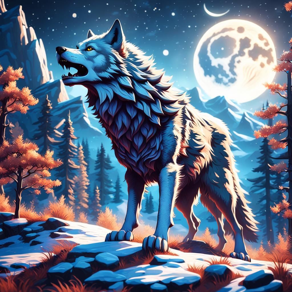 Wolf Howling at Moon: Detailed Matte Painting