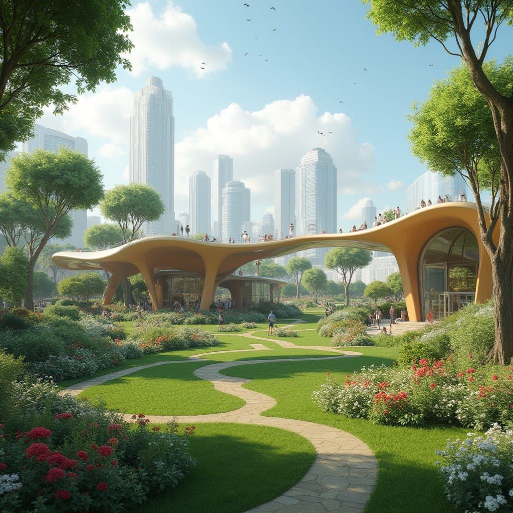 Futuristic Bionic Garden with Greenery and Modern Architectu...