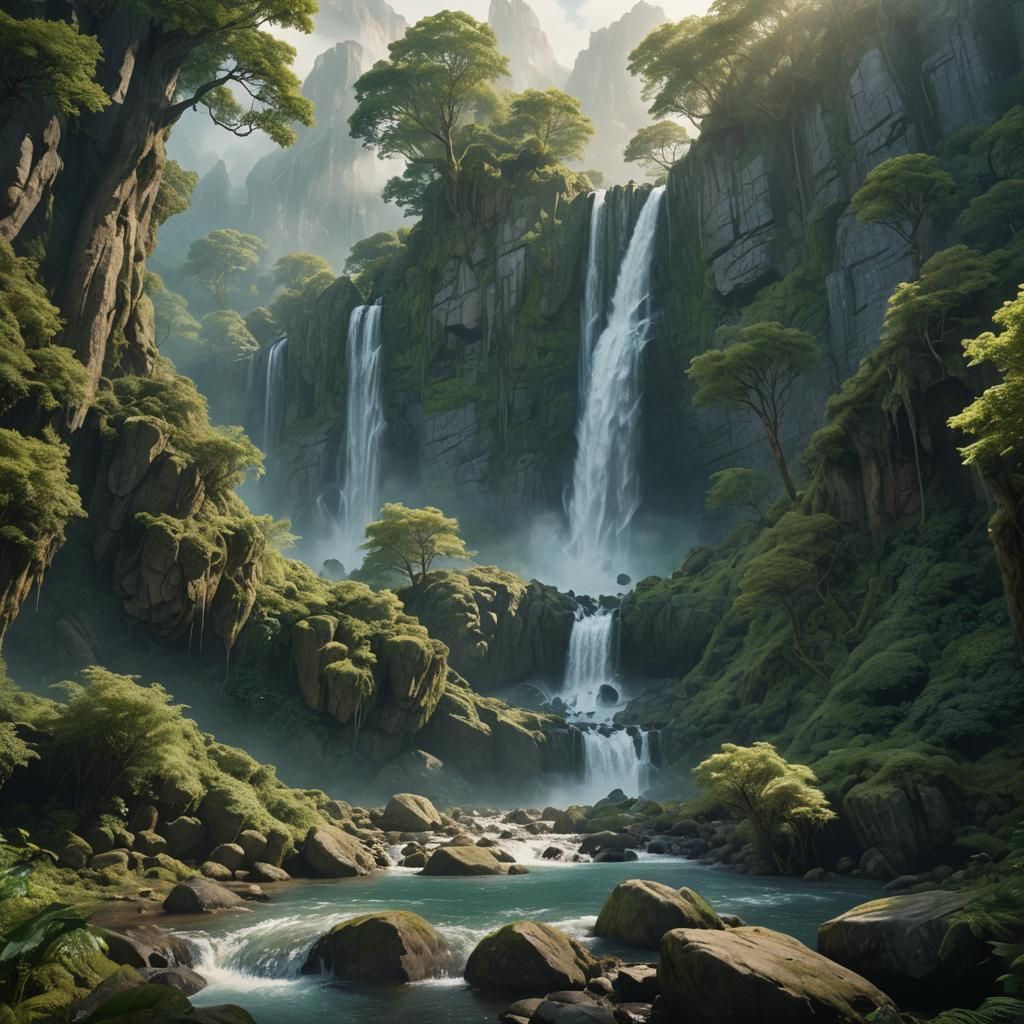 Majestic Waterfall in Lush Fantasy Landscape