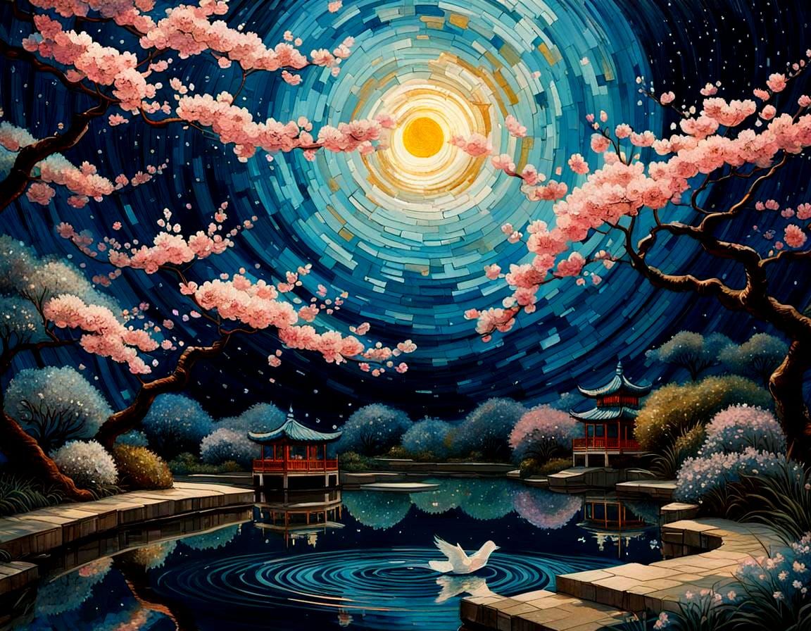 Elegant Cherry Blossom Garden in Impasto Style