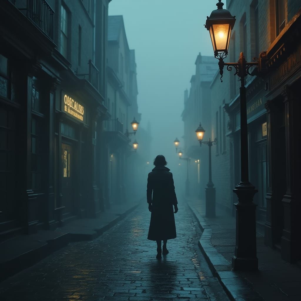 Eerie Woman in Misty Victorian London Street