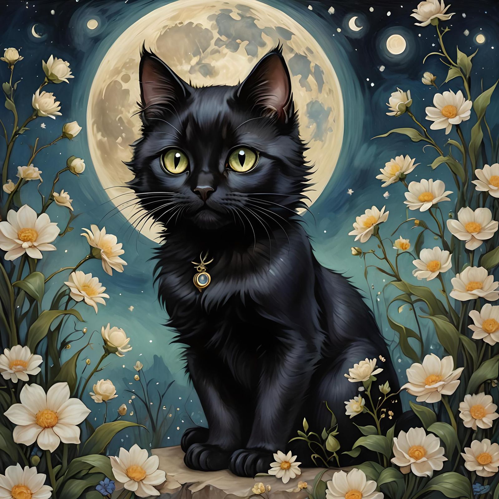 Black Cat and Moon, Whimsical Digital Illustration