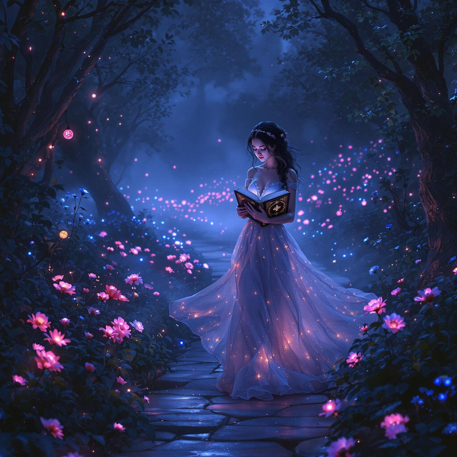 Ethereal Woman on Glowing Path in Fantasy Digital Art