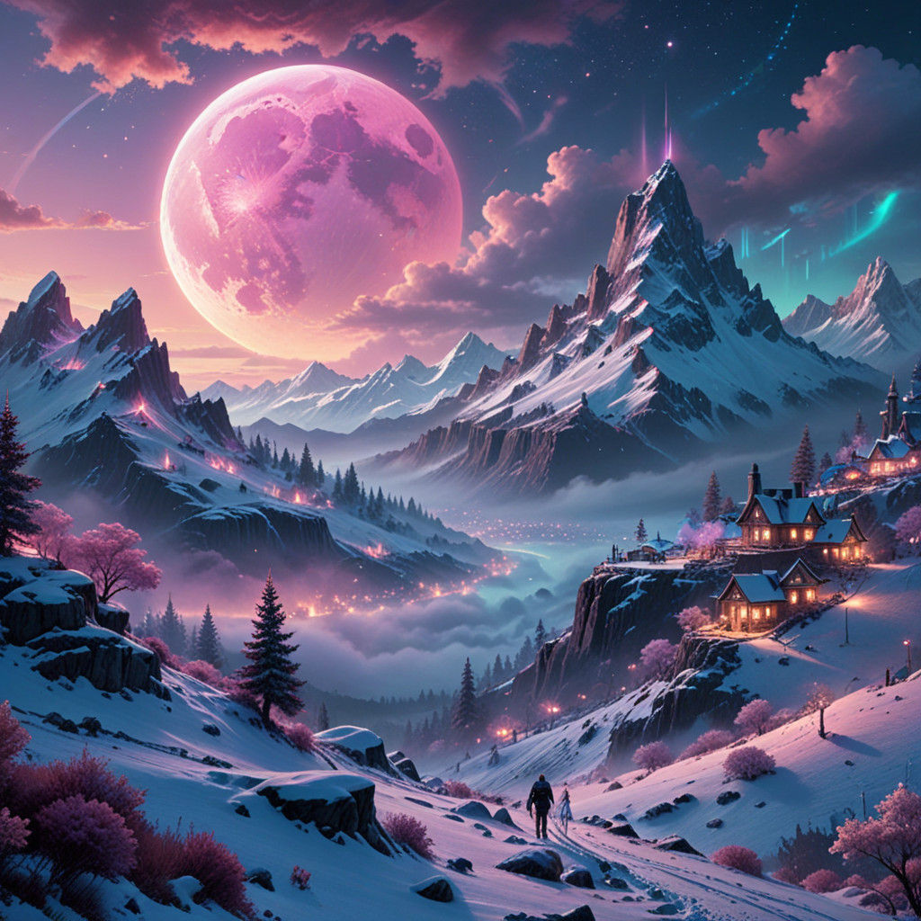 Cyberpunk Moon Rises over Snowy Winter Hill in Pastel Colors