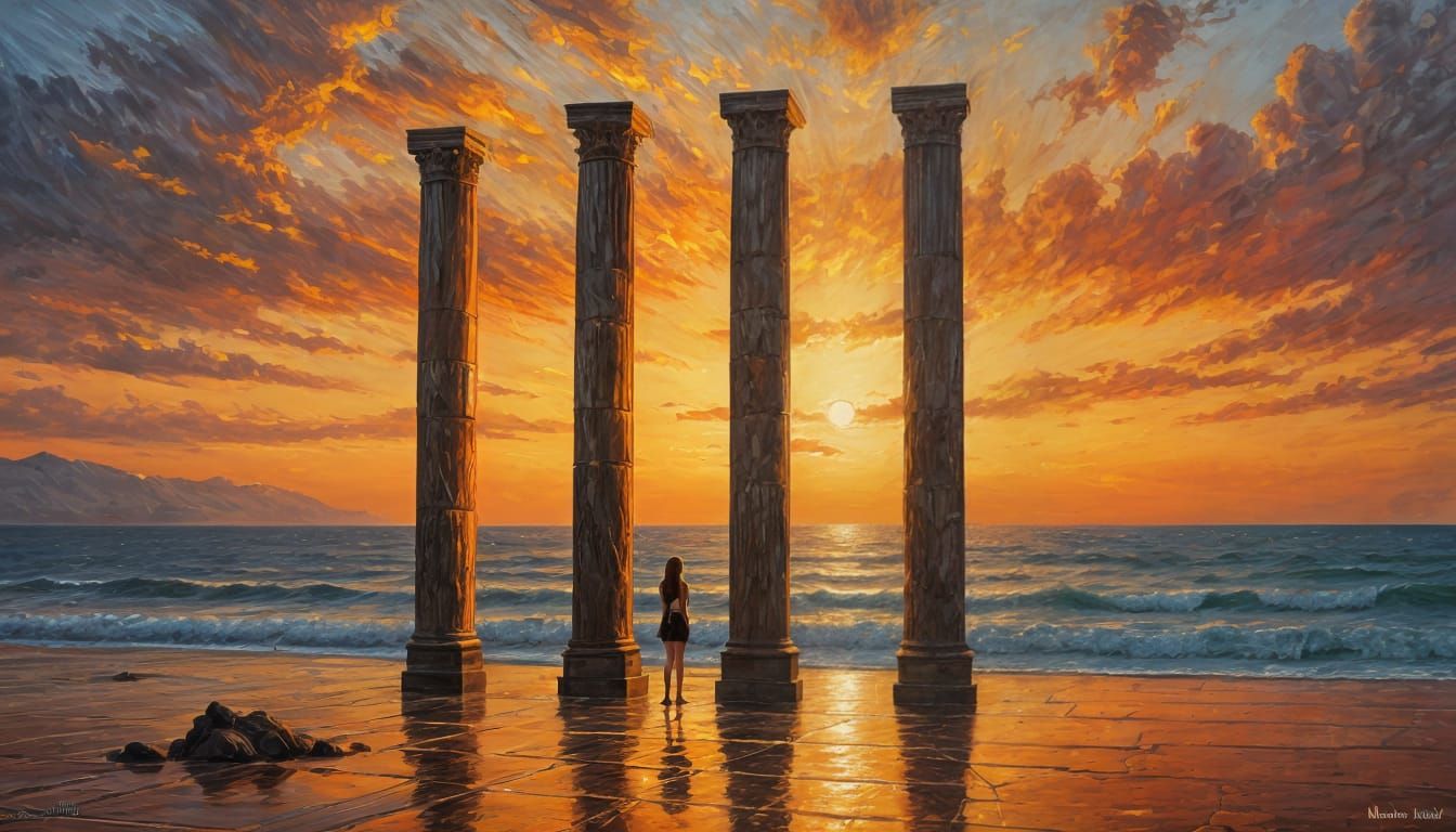 Neo-Impressionist Sunset Over Calm Sea with Monumental Pilla...