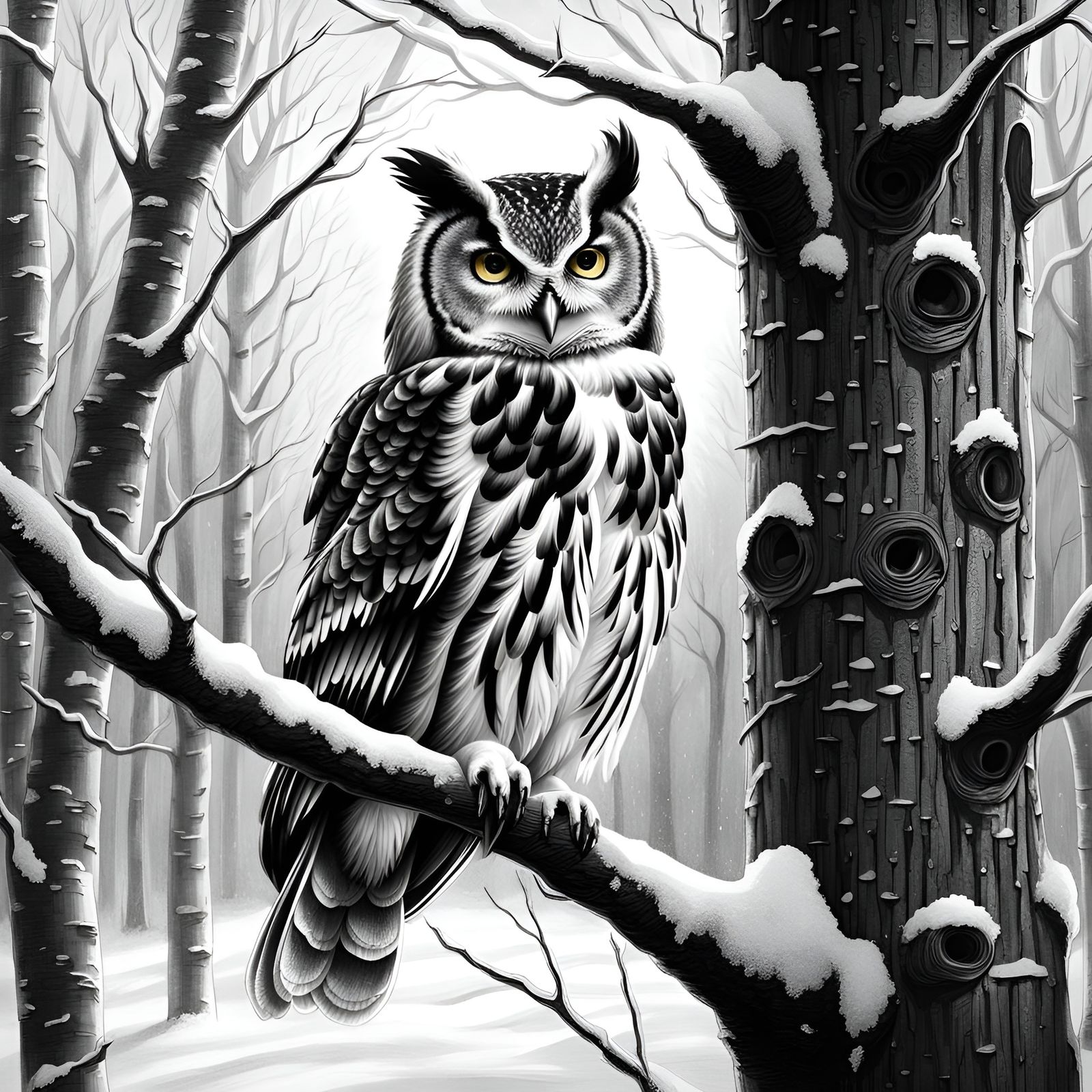 Detailed Owl in Winter Scene Illustration