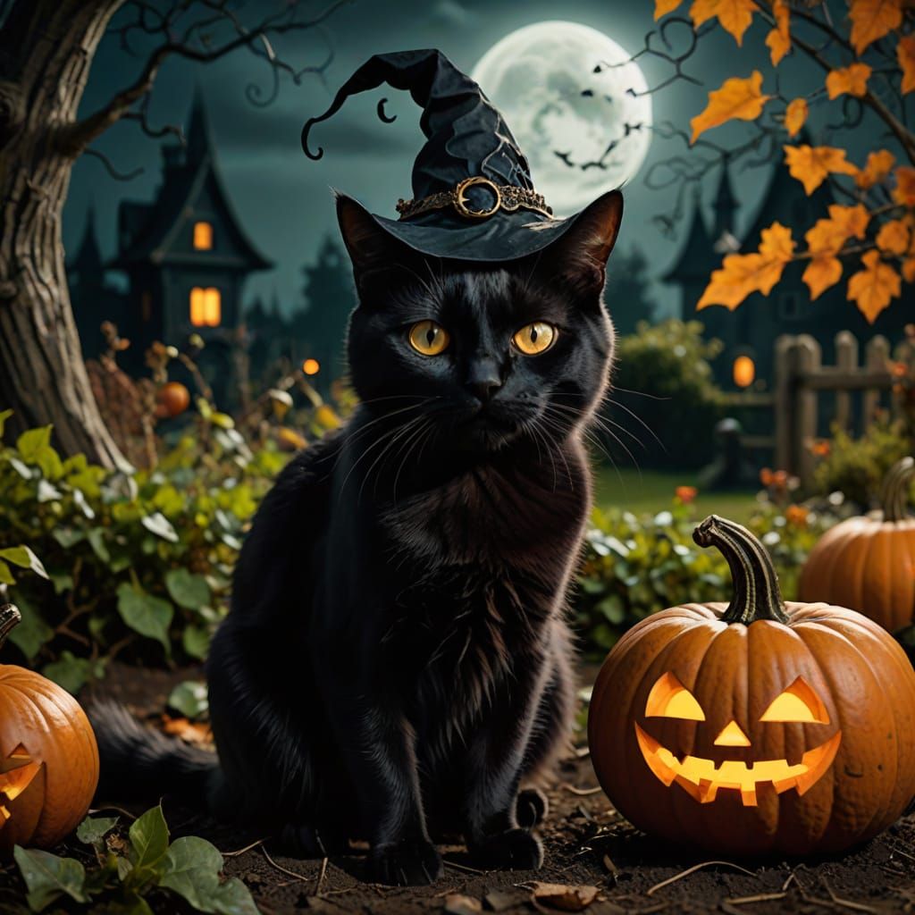 Mischievous Black Cat in Gothic Halloween Garden