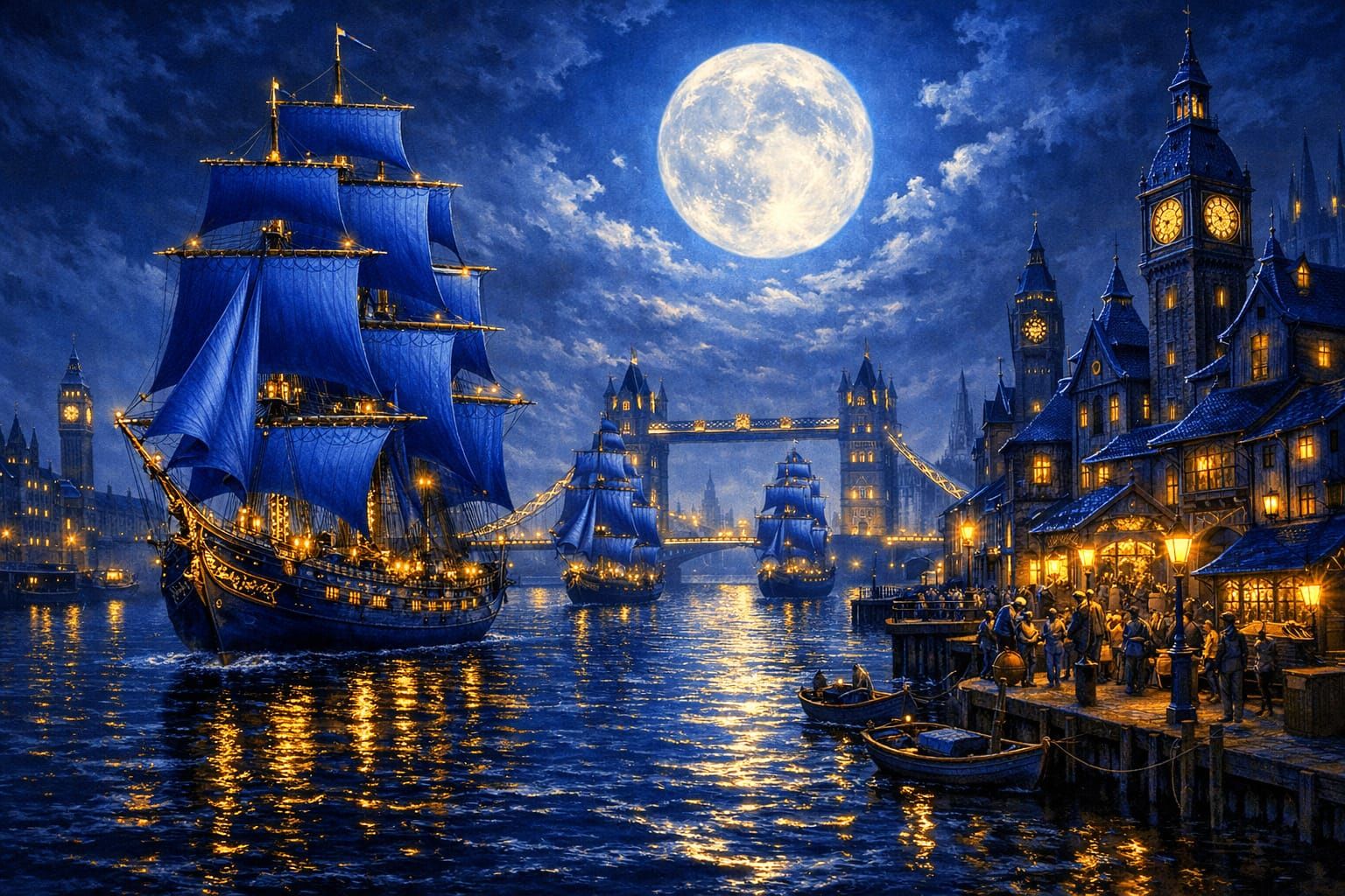 Majestic Sail Ships on Thames River at Night
