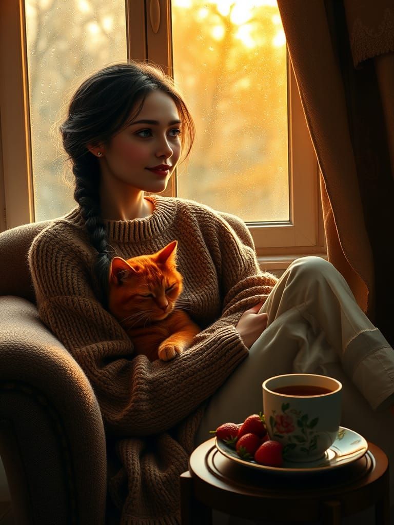 Slavic Woman Gazing out Window in Cosy Armchair