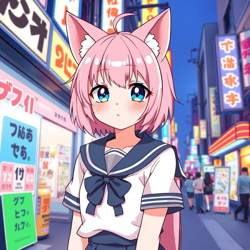 Pastel Pink Anime Neko Girl in Tokyo Street Scene