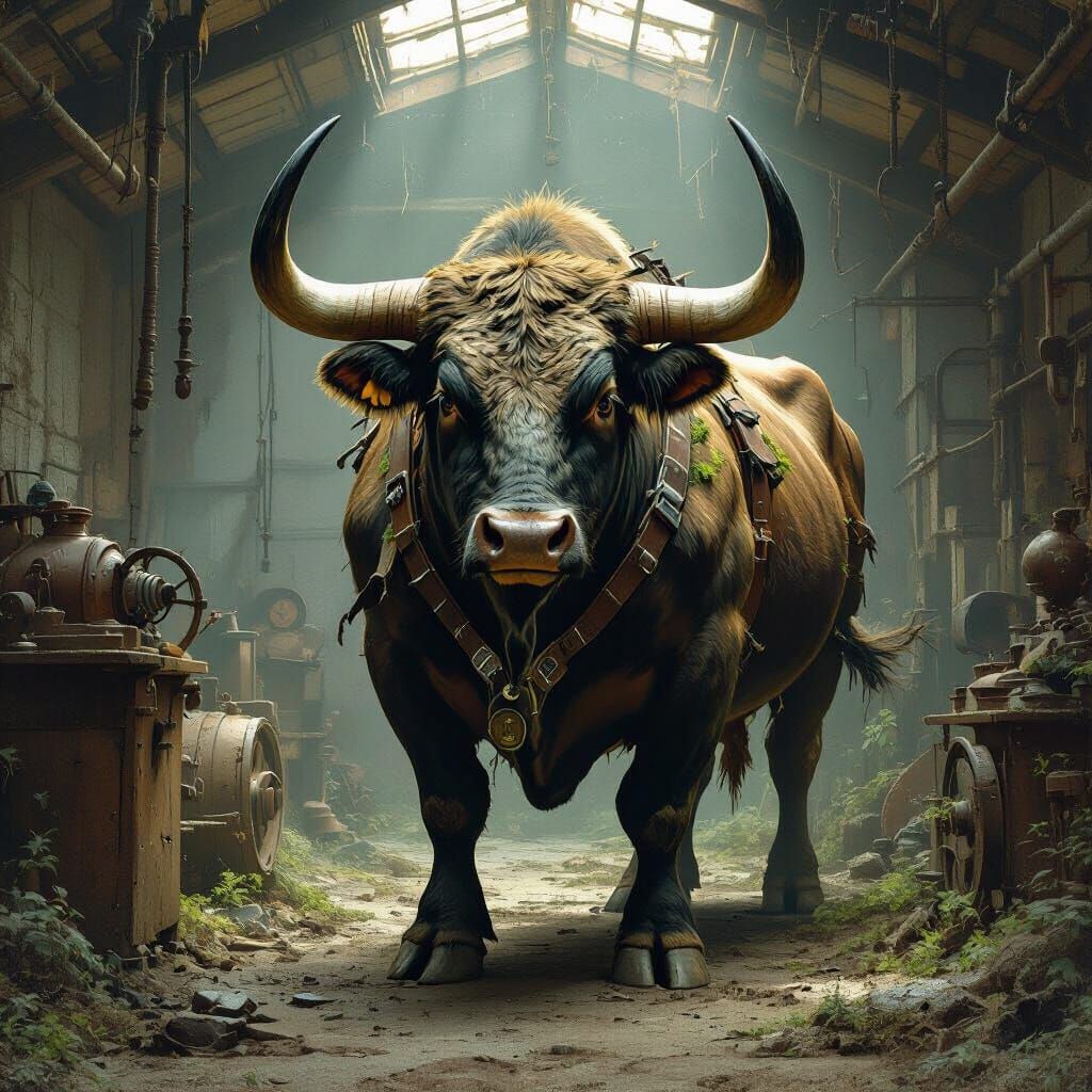 Mossy Bull in Decaying Garage: Ominous Oil Painting