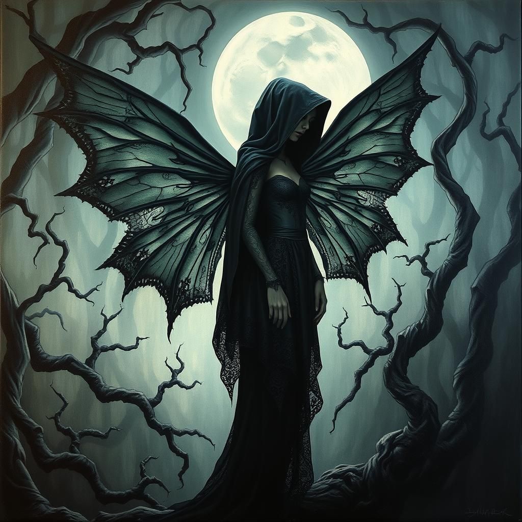 Gothic Fairy Elf with Dark Wings in Impasto Style