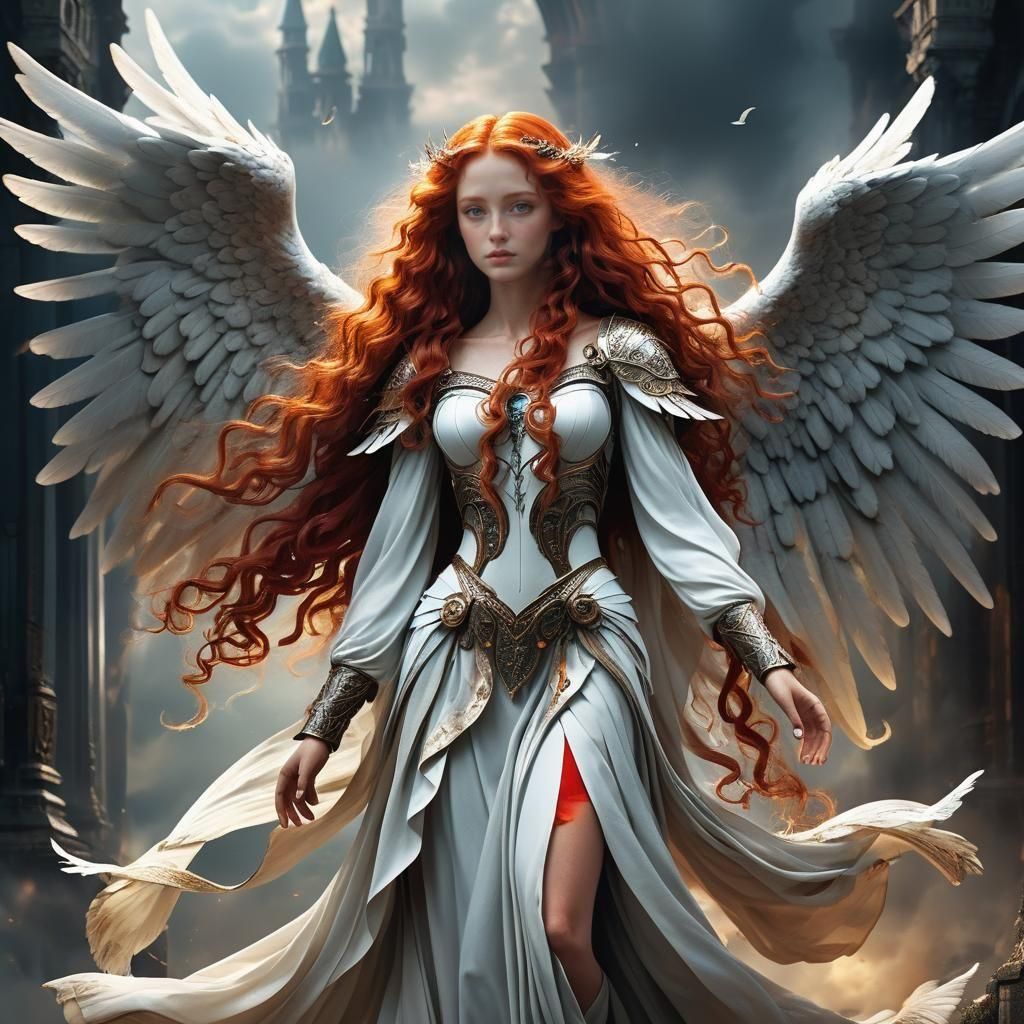 Red-Haired Angel with Wings: Digital Matte Painting