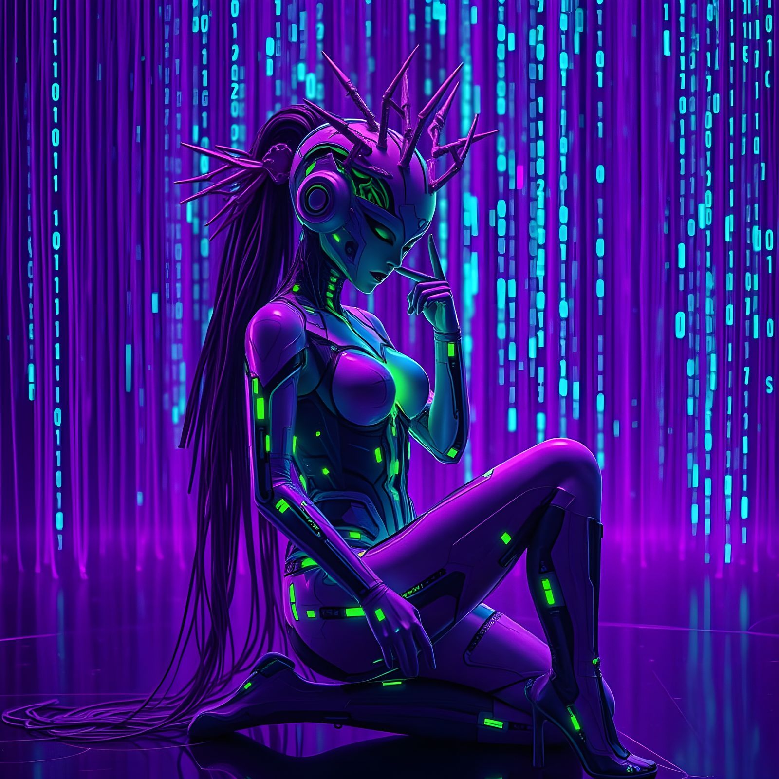 Cyberpunk Android Reclining in Binary Code Dream